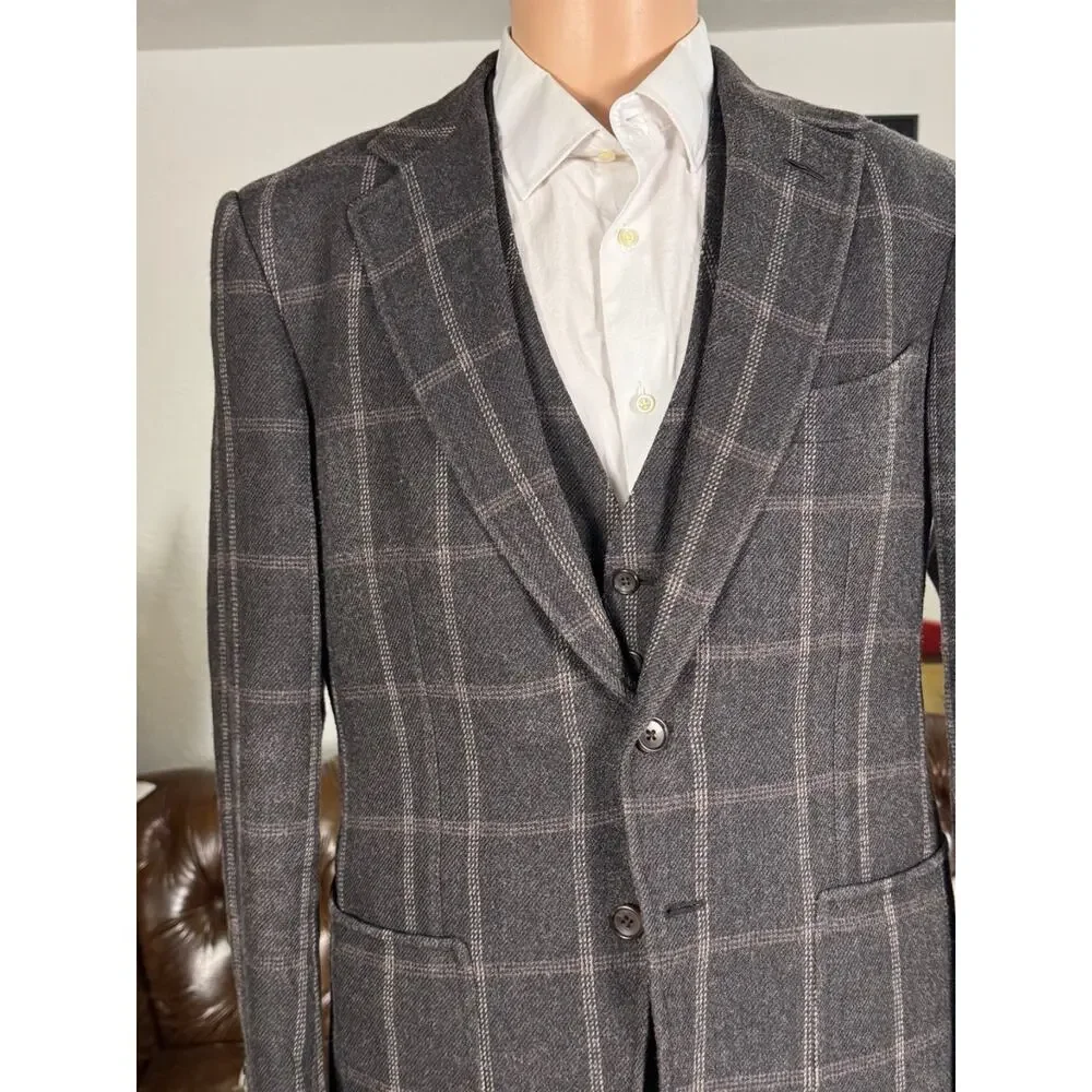Tom Ford Brown Windowpane Tweed Wool Silk 3Pc Suit 50 40R 34x30 Trousers